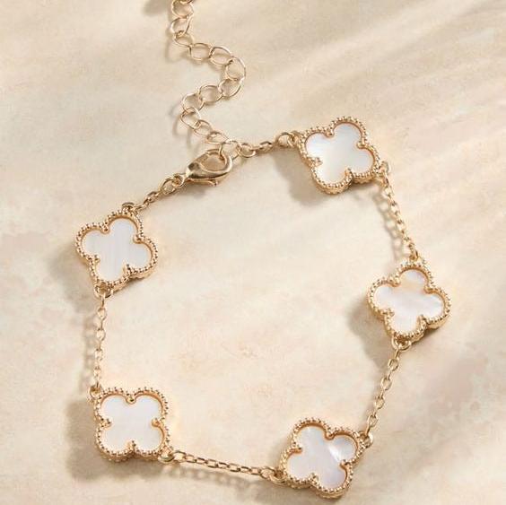 White Pearl Enamelled Clover Bracelet