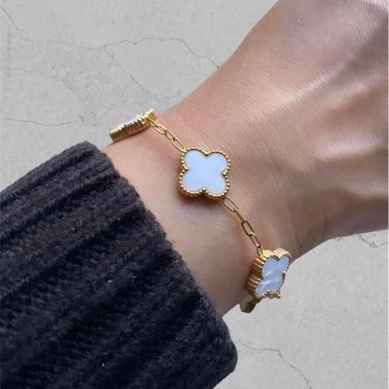 White Pearl Enamelled Clover Bracelet