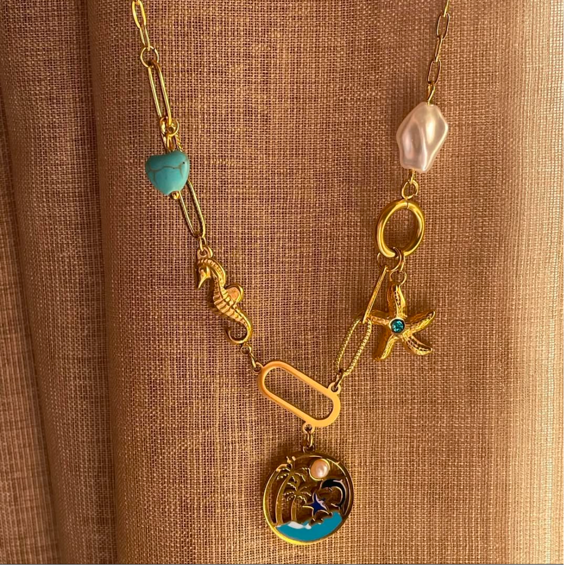 Turquoise Beach Charm & Pearl Necklace