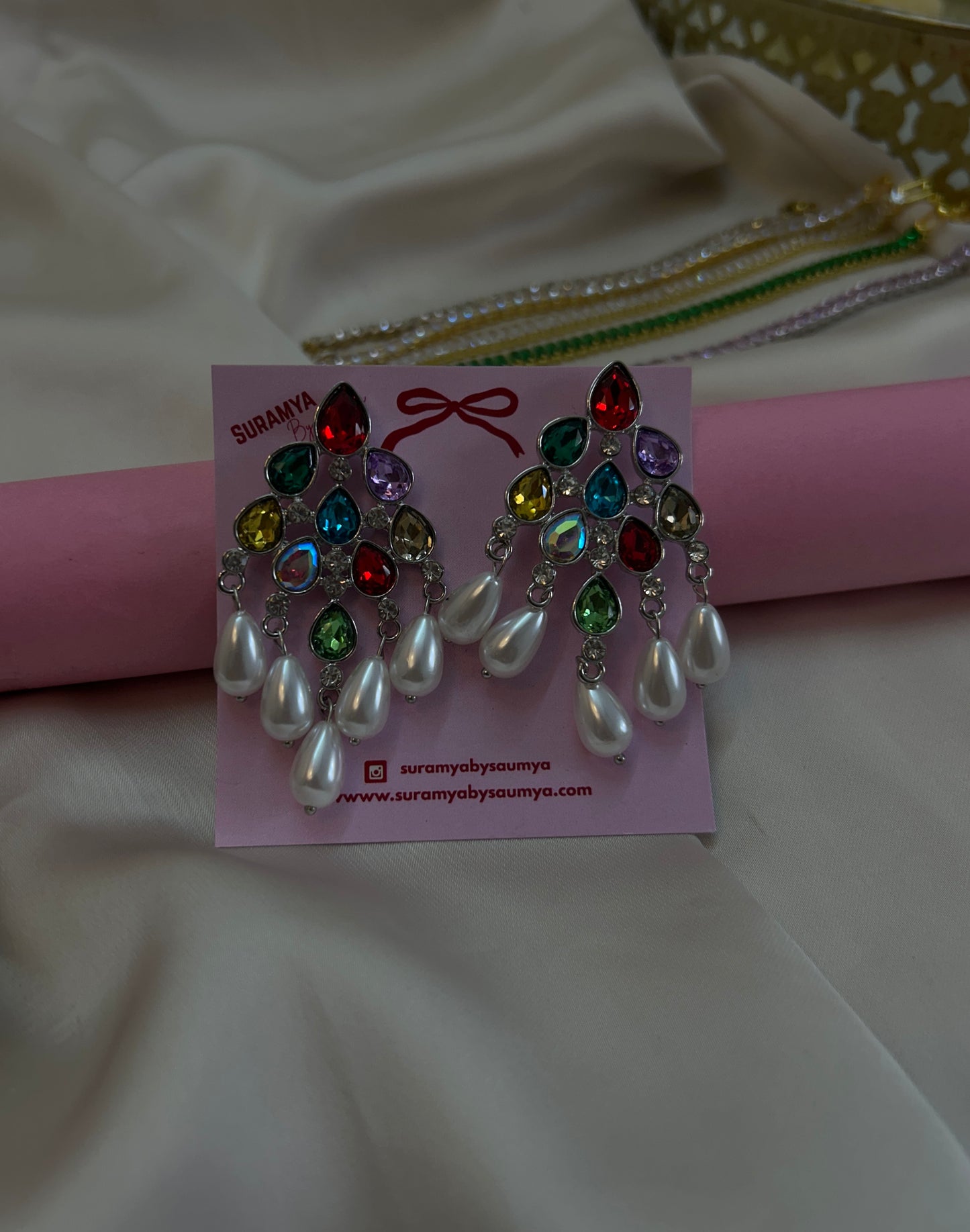 Rainbow Chandelier Pearl Drop Earrings