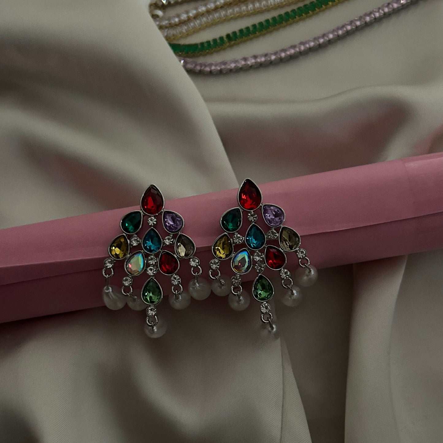 Rainbow Chandelier Pearl Drop Earrings