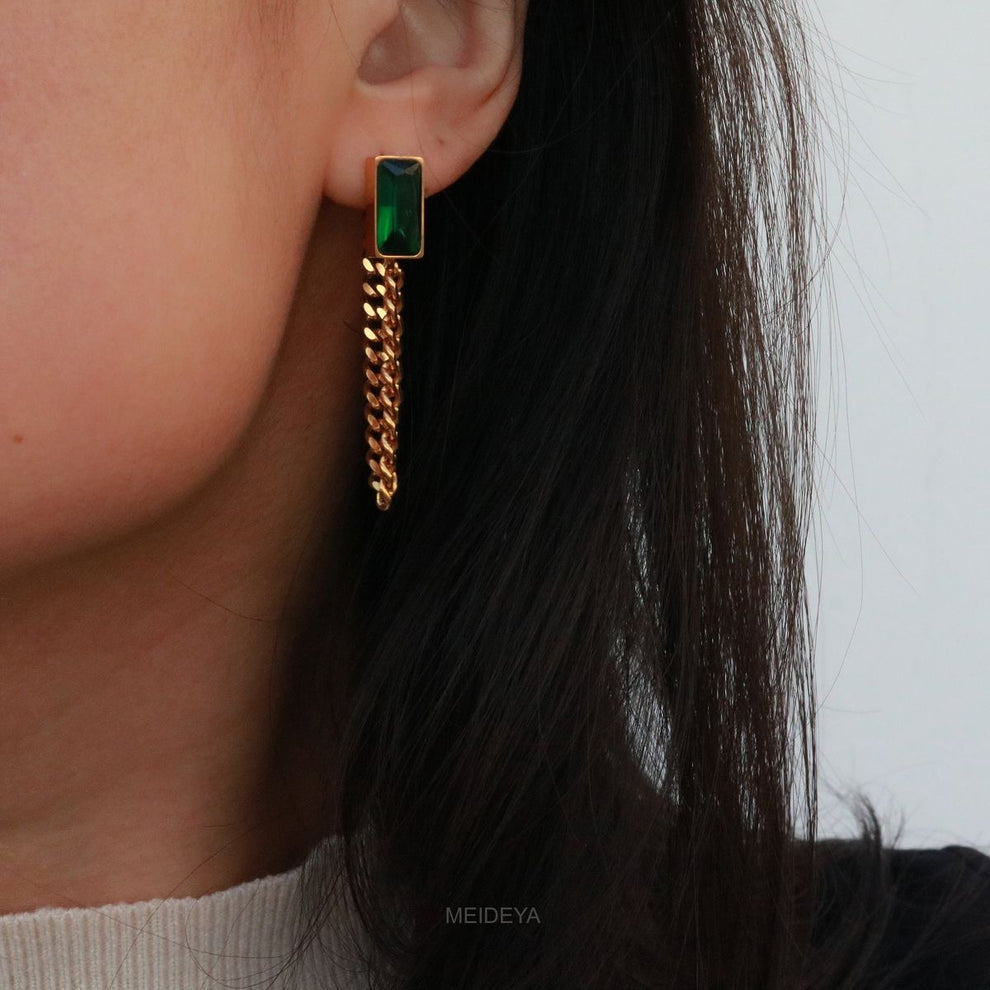 Noor - Emerald Chain Drop Earrings