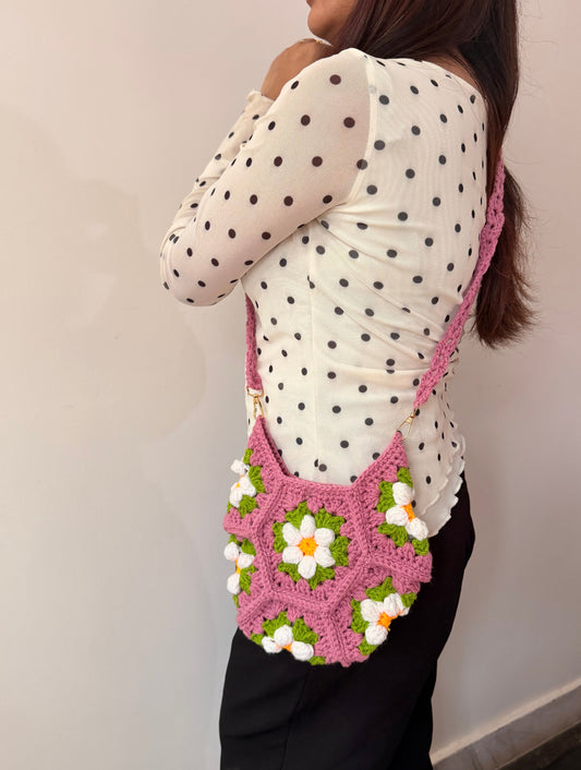 Blush Daisy Crochet Sling Bag 🌼