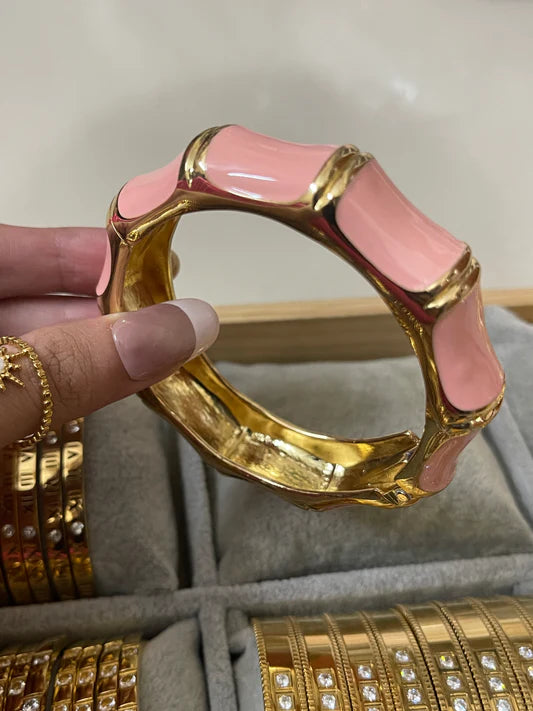 Pink Enamel Gold Cuff Bracelet