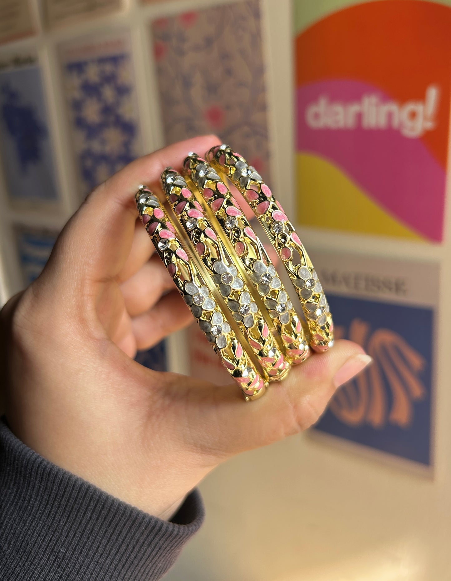 Grey & Pink Flower Vintage Bangle (each bangle)