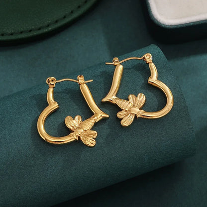 Heart bee hoop earring