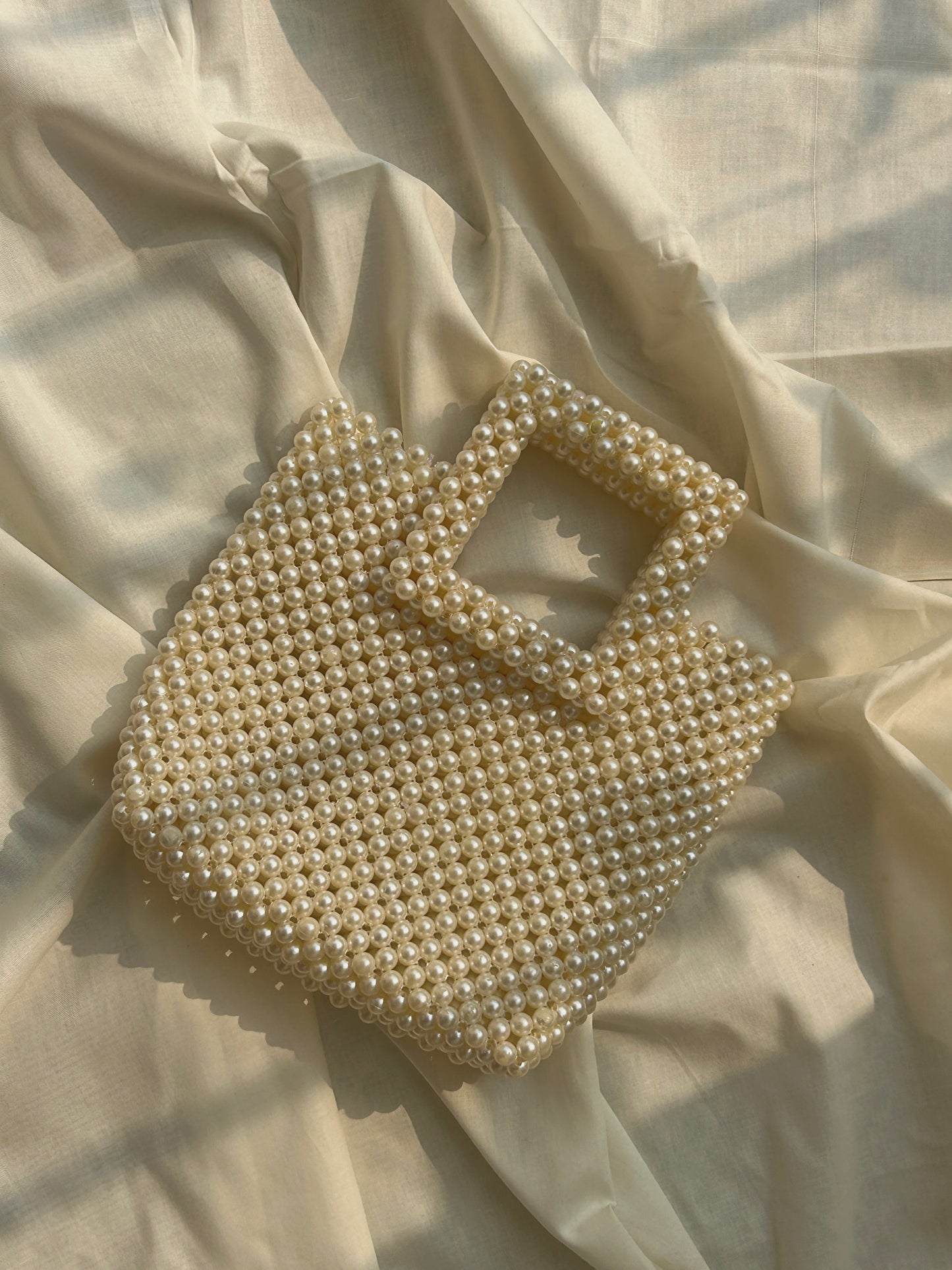Square Handle Classic Beaded White Pearl Handbag