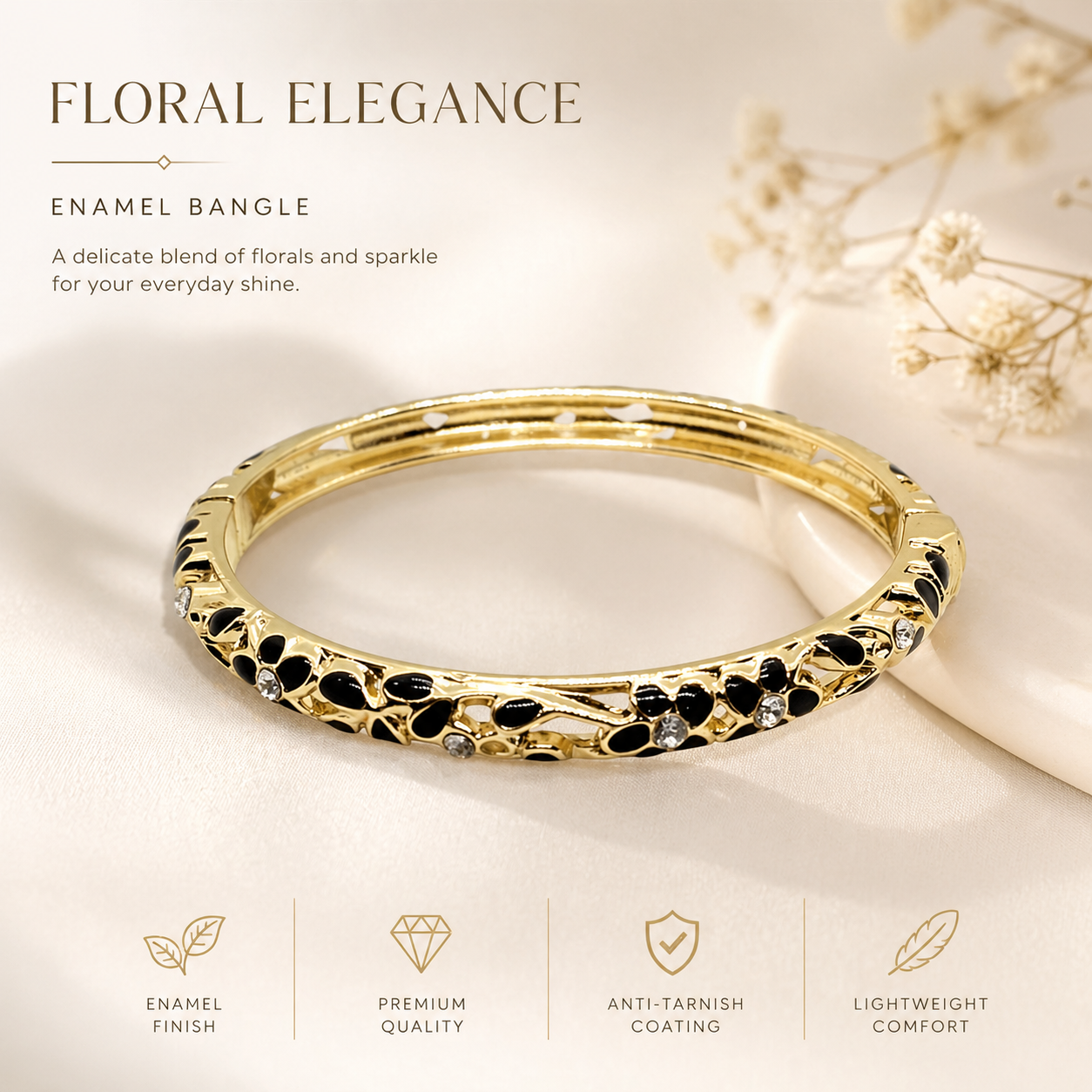 Black Floral Elegance Vintage Bangle