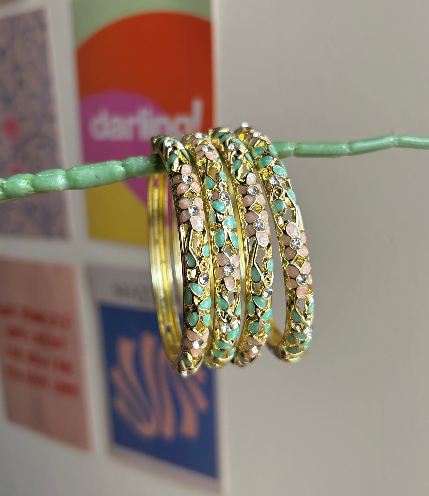 Green & Pink Flower Vintage Bangle (each bangle)