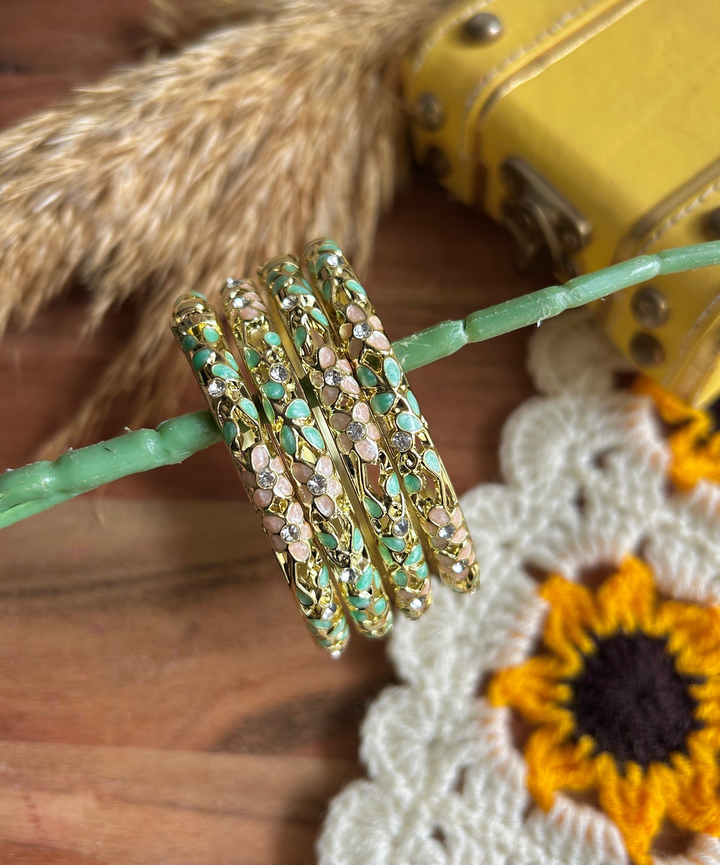 Green & Pink Flower Vintage Bangle (each bangle)