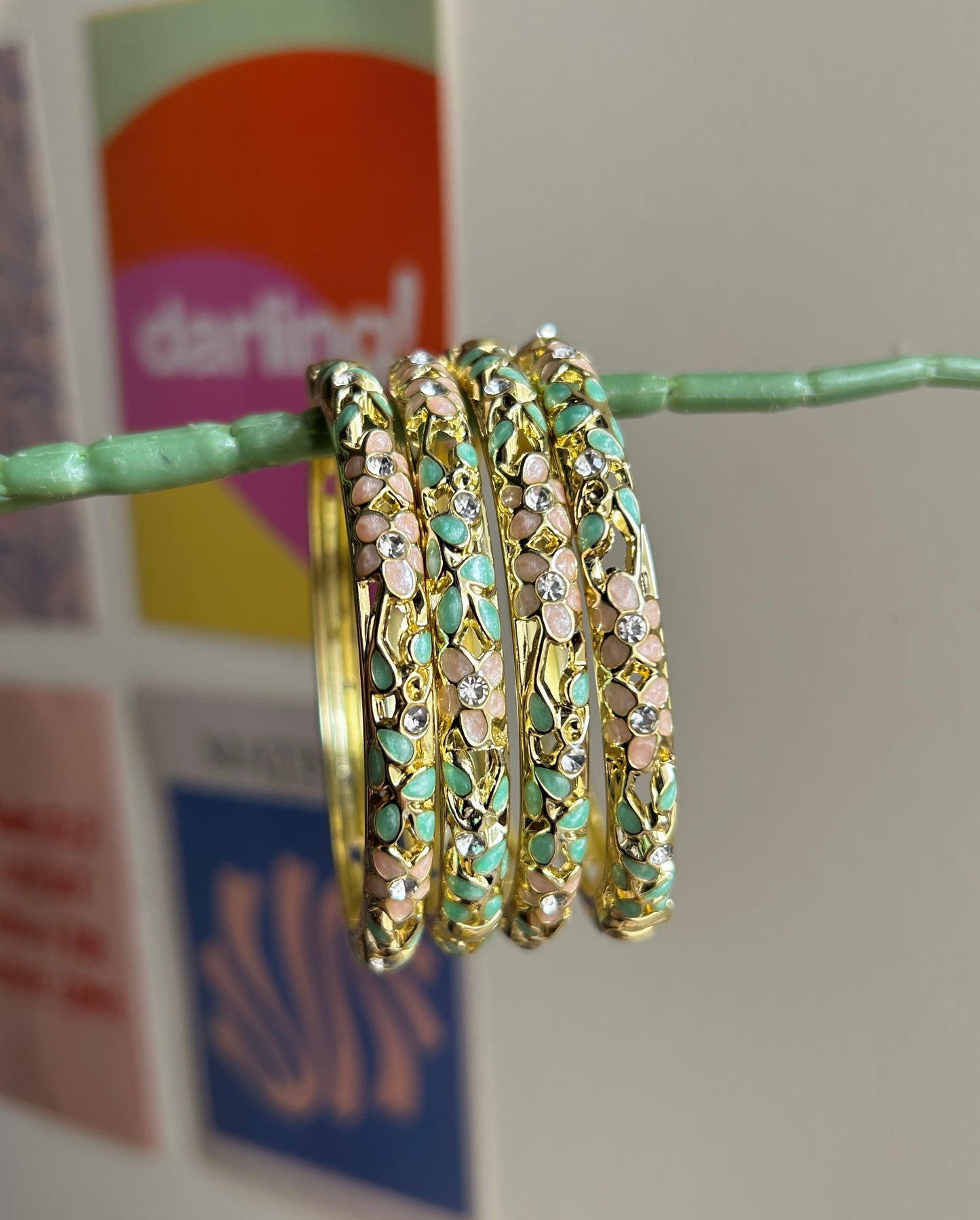 Green & Pink Flower Vintage Bangle (each bangle)