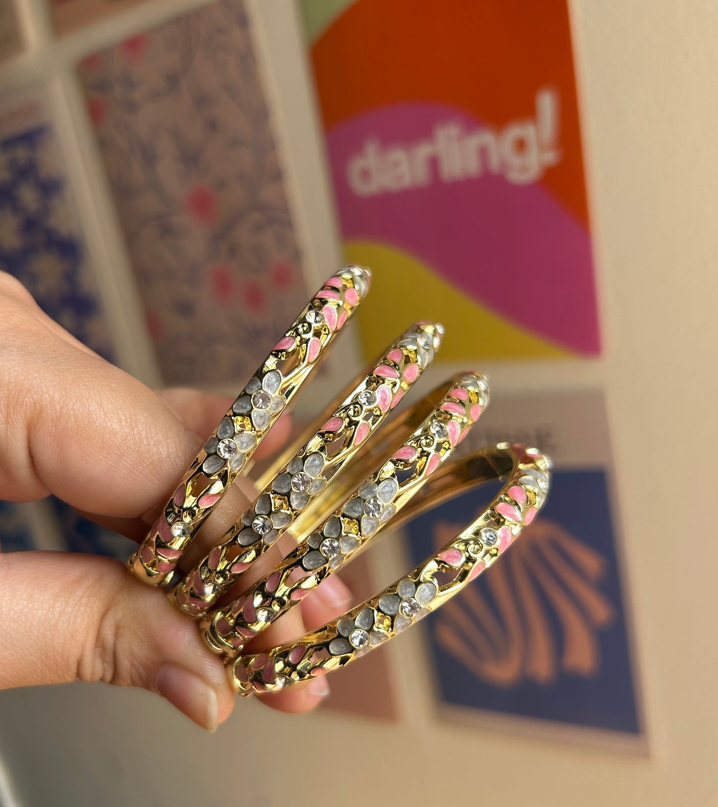Grey & Pink Flower Vintage Bangle (each bangle)