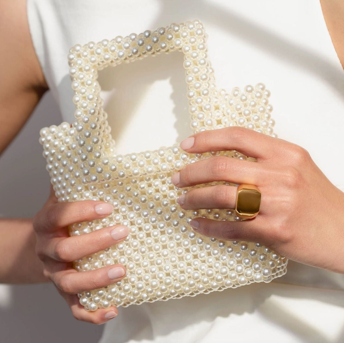 Square Handle Classic Beaded White Pearl Handbag