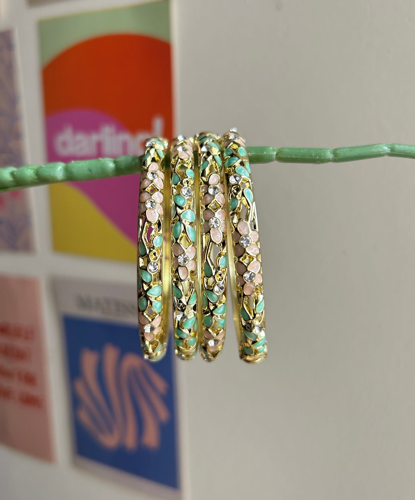 Green & Pink Flower Vintage Bangle (each bangle)