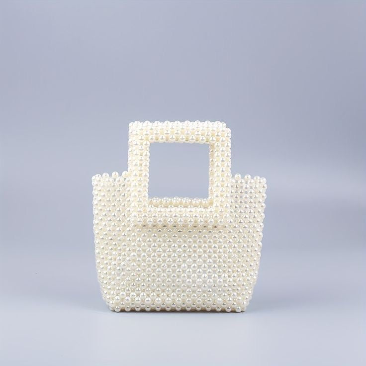 Square Handle Classic Beaded White Pearl Handbag