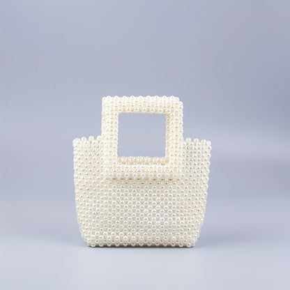 Square Handle Classic Beaded White Pearl Handbag