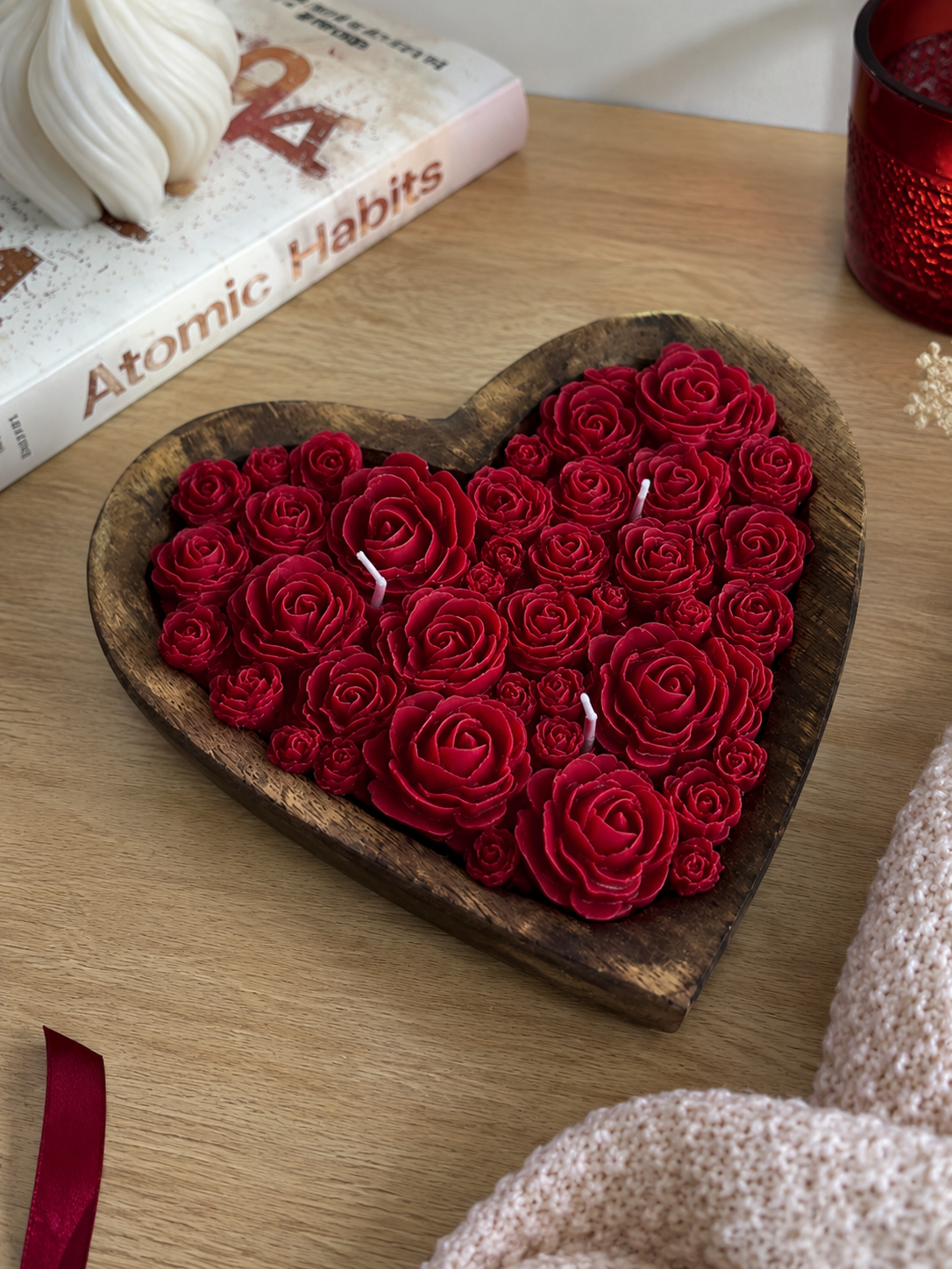 Velvet Rose Heart Wooden Dough Candle 6inch