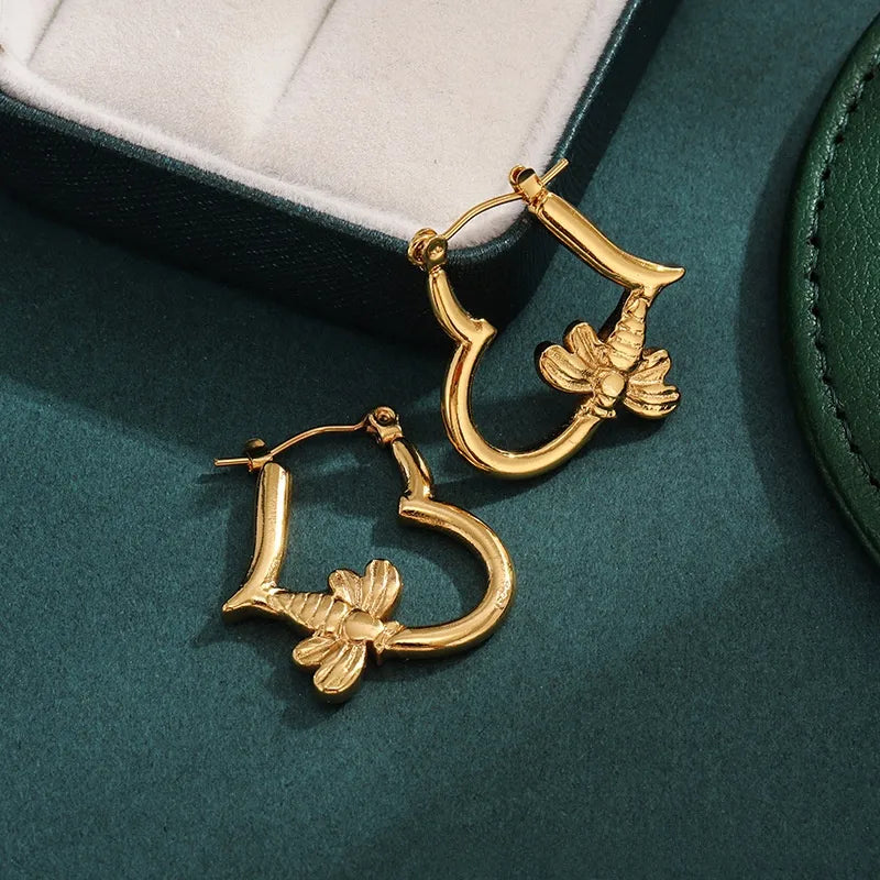 Heart bee hoop earring