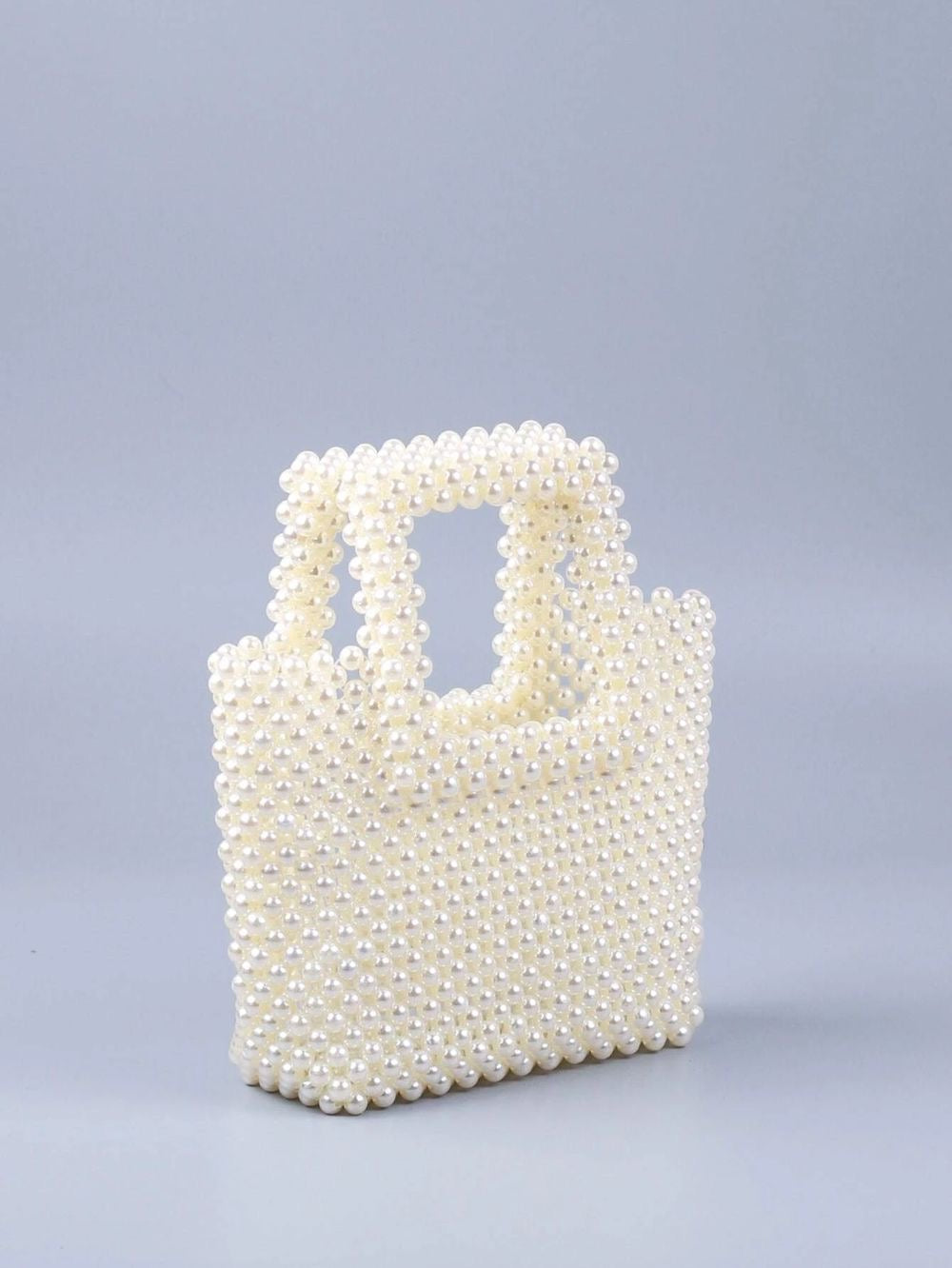 Square Handle Classic Beaded White Pearl Handbag