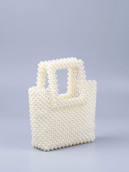 Square Handle Classic Beaded White Pearl Handbag
