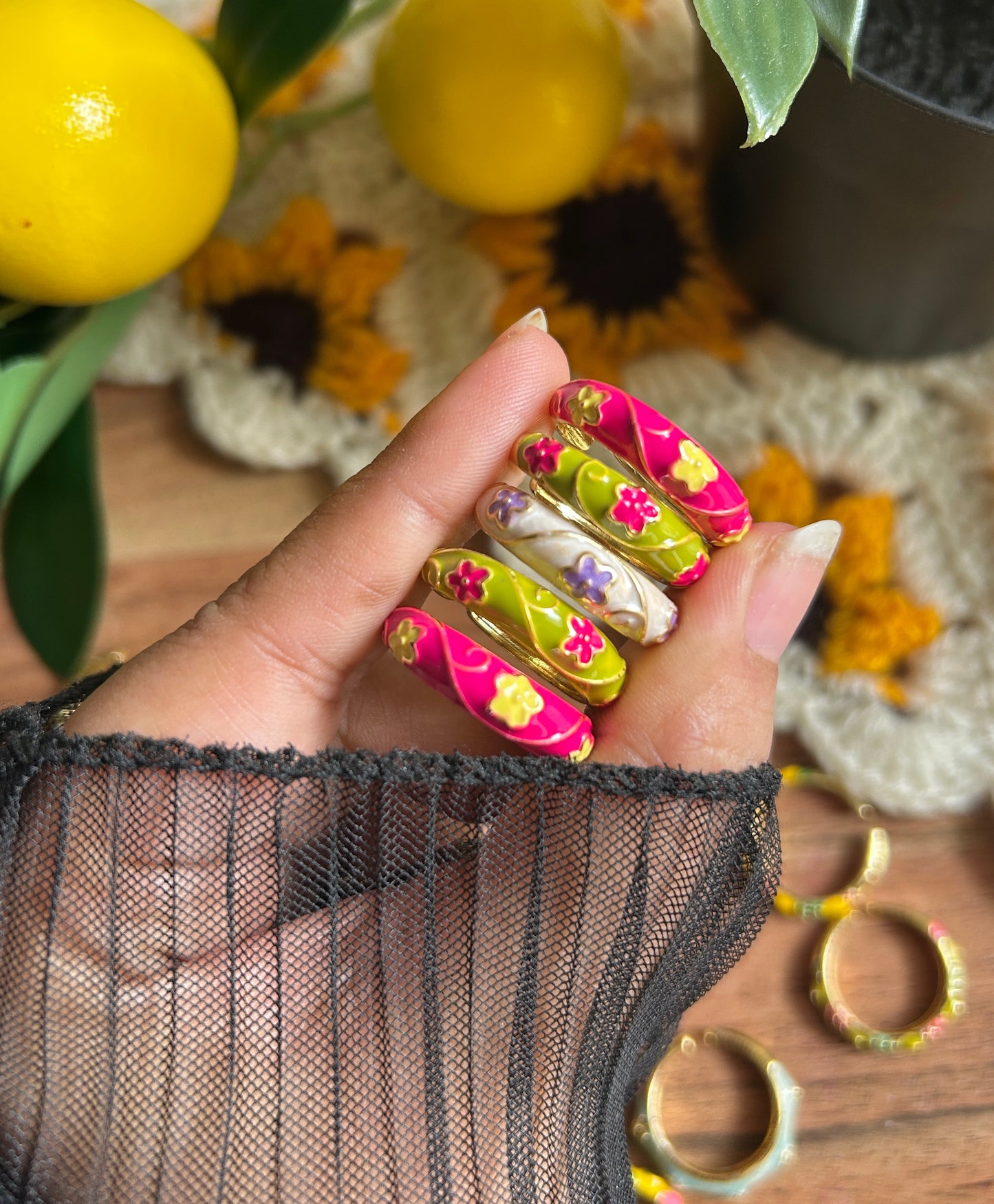 Floral Enamel Adjustable Ring