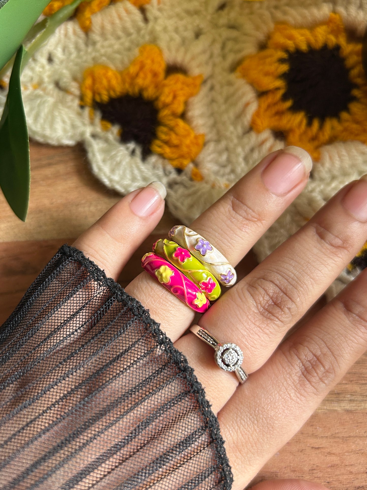 Floral Enamel Adjustable Ring
