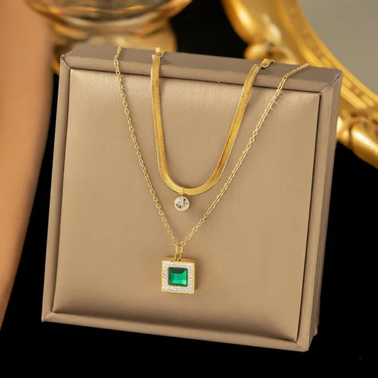Gold Plated Double Layer Emerald Serenity energy necklace