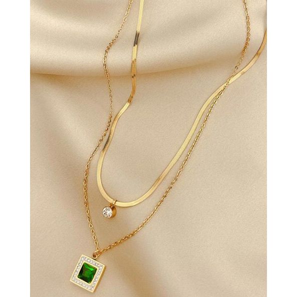 Gold Plated Double Layer Emerald Serenity energy necklace