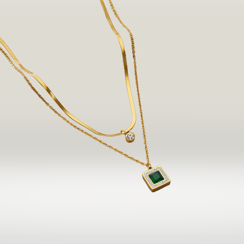 Gold Plated Double Layer Emerald Serenity energy necklace