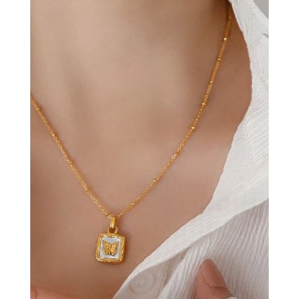 Emilia - Butterfly Square Shell Pendant Necklace